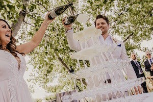 Champagne tower for a mudgee wedding with Mudgee Monkey weeding stylist, coordination and florals at The vine grove Mudgee 